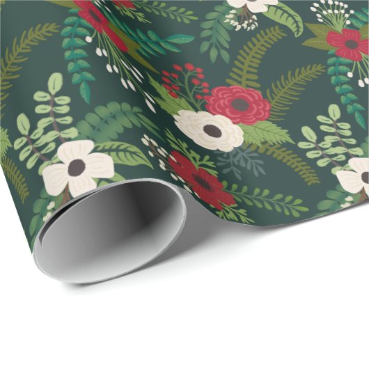 クリスマス花模様フローラハンターグリーン背景 ラッピングペーパー (ロールコーナー)