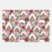 クリスマス花模様付きジンジャーブレッドハウス ラッピングペーパーシート (正面)