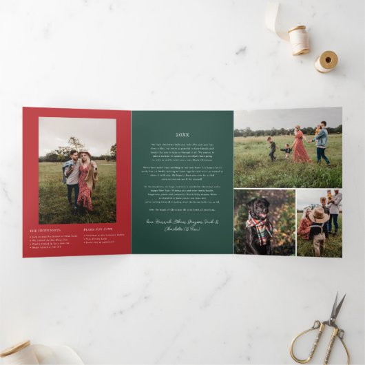 クリスマス花模様 |赤と緑の植物写真5 三つ折り招待状 (内部)