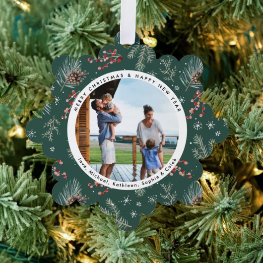 クリスマス花模様 |赤と緑の植物写真 オーナメントカード (インサイチュ (木))