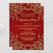 クリスマス葉ゴールデンズ赤い休日パーティー 招待状 (正面/裏面)