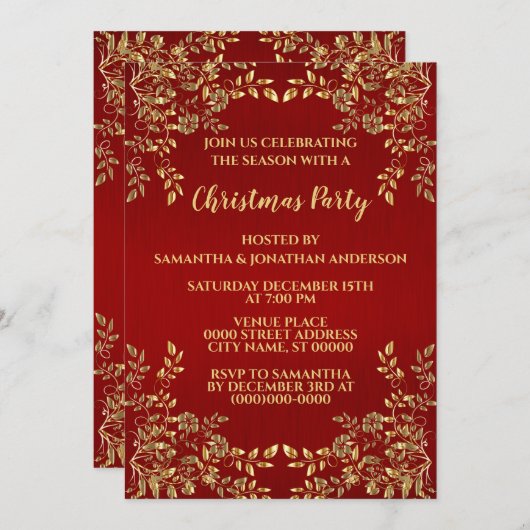 クリスマス葉ゴールデンズ赤い休日パーティー 招待状 (正面/裏面)