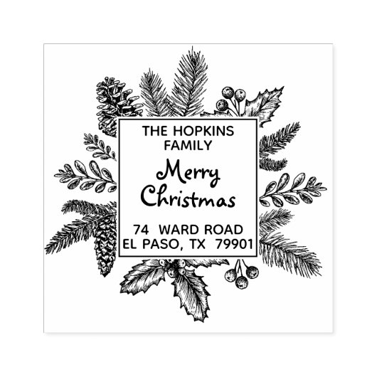 クリスマス葉スクエア差出人住所 ラバースタンプ (インプリント)