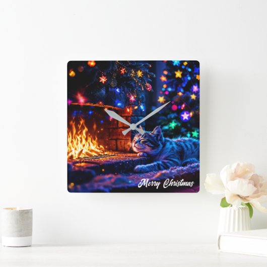 クリスマス虎猫眠る猫の暖かい装飾 スクエア壁時計 (ホーム)