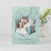 クリスマス虹色の緑のスノーフレーク写真の休日 シーズンカード (スタンド正面)