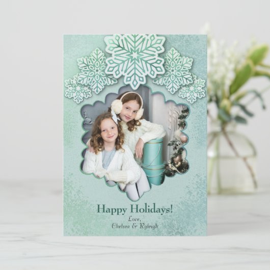 クリスマス虹色の緑のスノーフレーク写真の休日 シーズンカード (スタンド正面)