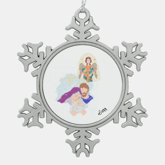 クリスマス装飾：キリストの誕生 スノーフレークピューターオーナメント (正面)