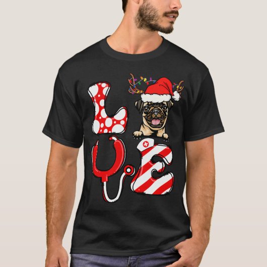 クリスマス装飾 ナース 愛 パグ Tシャツ (正面)