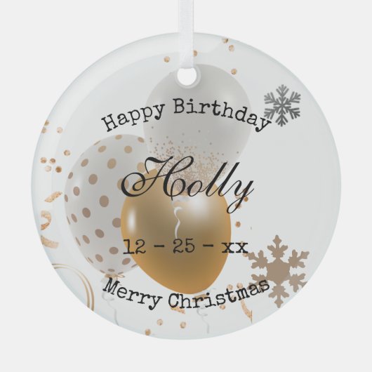 クリスマス誕生日バルーンと雪片 ガラスオーナメント (正面)