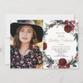 クリスマス誕生日パーティーのワインレッドとゴールドの写真 招待状 (正面)