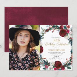 クリスマス誕生日パーティーのワインレッドとゴールドの写真 招待状