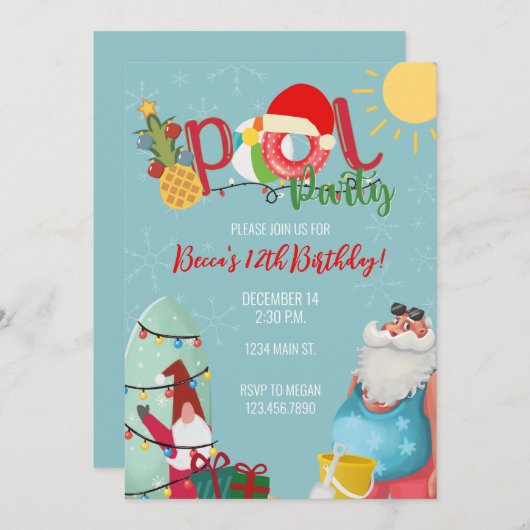クリスマス誕生日プールパーティーサンタウィンターパーティー 招待状 (正面/裏面)