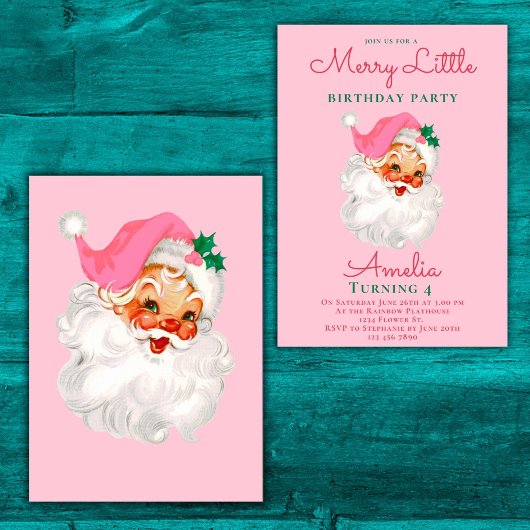 クリスマス誕生日招待状ピンクヴィンテージサンタ 招待状