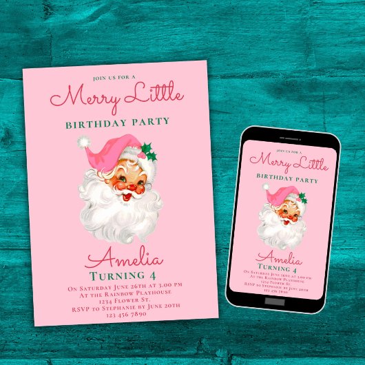 クリスマス誕生日招待状ピンクヴィンテージサンタ 招待状