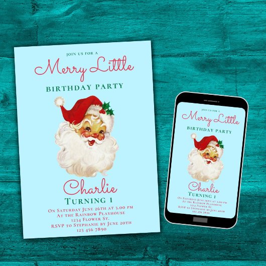 クリスマス誕生日招待状ブルーヴィンテージサンタ 招待状