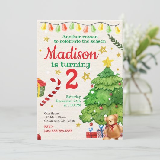 クリスマス誕生日招待状ヴィンテージ水彩色 招待状 (スタンド正面)