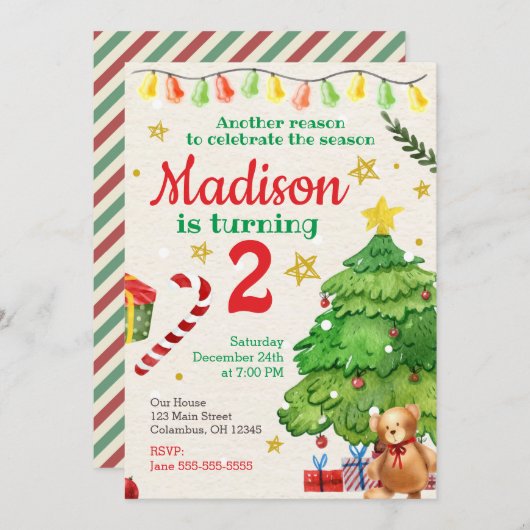 クリスマス誕生日招待状ヴィンテージ水彩色 招待状 (正面/裏面)