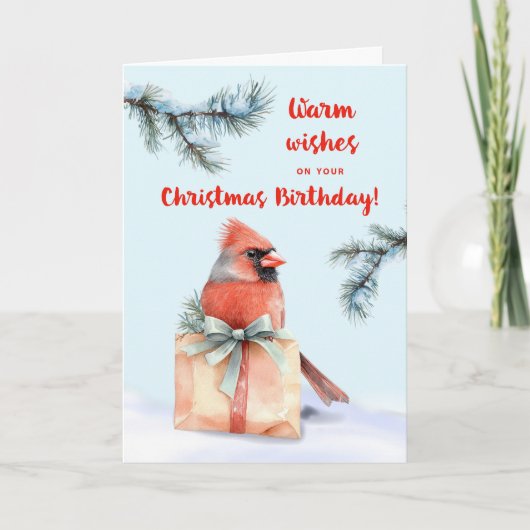クリスマス誕生日(鳥)ショウジョウコウカンチョウとギフト水色 カード (正面)