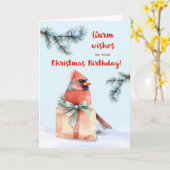 クリスマス誕生日(鳥)ショウジョウコウカンチョウとギフト水色 カード (黄色い花)