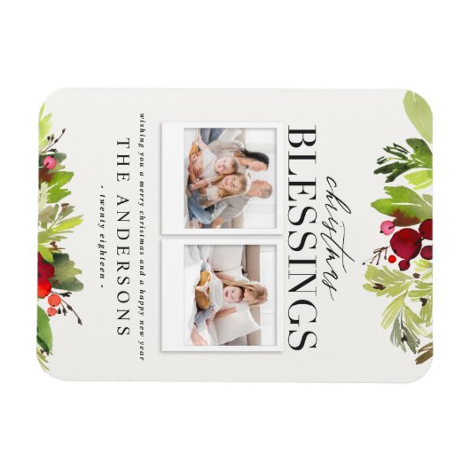 クリスマス賛美の写真数々のの格子模様と葉 マグネット (横)