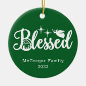 クリスマス賛美出生グリーン&ホワイト セラミックオーナメント (正面)