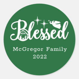 クリスマス賛美出生グリーン&ホワイト ラウンドシール