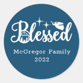 クリスマス賛美出生ブルー&ホワイト ラウンドシール (正面)