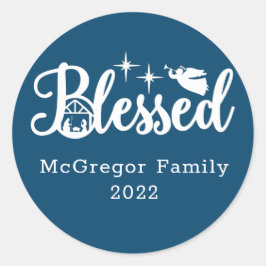 クリスマス賛美出生ブルー&ホワイト ラウンドシール