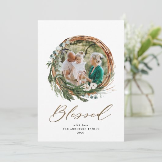 クリスマス賛美金ゴールドスクリプト植物写真1枚 シーズンカード (スタンド正面)