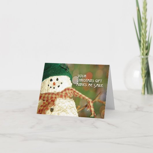 クリスマス贈り物に感謝するハッピー雪だるま サンキューカード (正面)