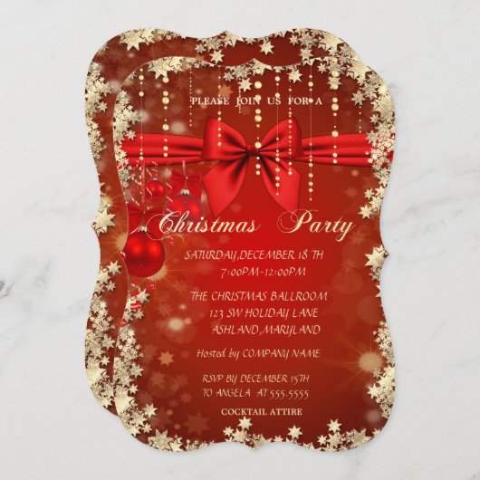クリスマス赤いボール、弓、金ゴールド会社パーティー 招待状 (正面/裏面)