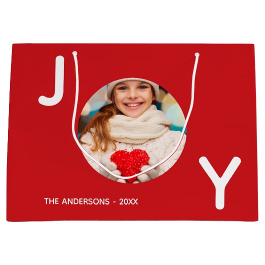 クリスマス赤い喜び写真シンプルエレガント ラージペーパーバッグ (正面)