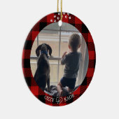 クリスマス赤い格子模様パーソナライズされたの子ペットの写真 セラミックオーナメント (右)