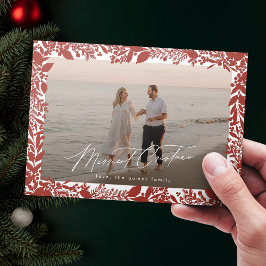 クリスマス赤い植物体のフレームのメリー写真 シーズンカード
