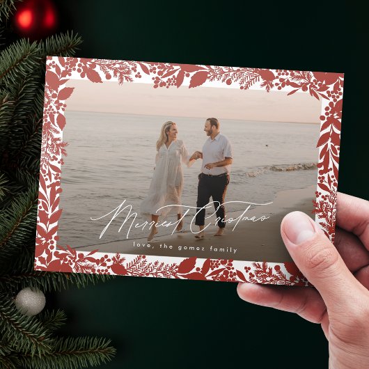 クリスマス赤い植物体のフレームのメリー写真 シーズンカード