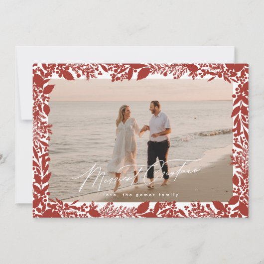 クリスマス赤い植物体のフレームのメリー写真 シーズンカード (正面)