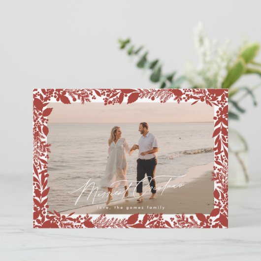 クリスマス赤い植物体のフレームのメリー写真 シーズンカード (スタンド正面)