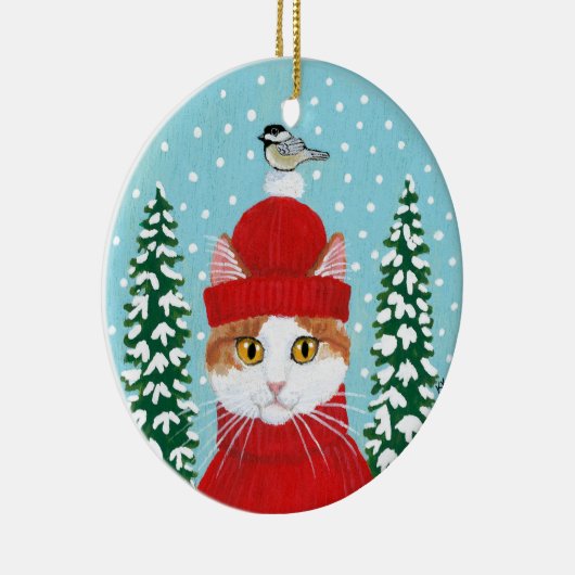 クリスマス赤い猫の鳥の冬のオーナメント セラミックオーナメント (右)