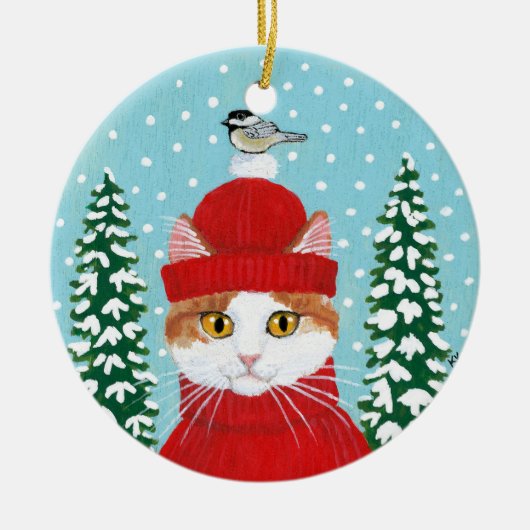 クリスマス赤い猫の鳥の冬のオーナメント セラミックオーナメント (正面)