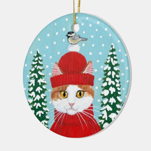 クリスマス赤い猫の鳥の冬のオーナメント セラミックオーナメント (左)
