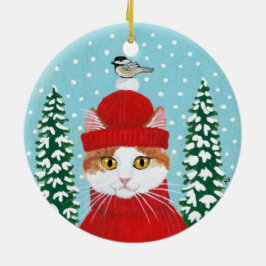 クリスマス赤い猫の鳥の冬のオーナメント セラミックオーナメント