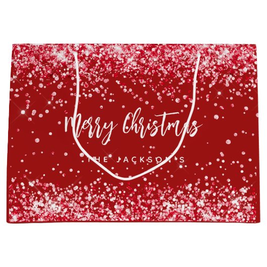 クリスマス赤い白いキラキラの名前 ラージペーパーバッグ (正面)