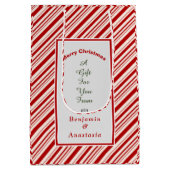 クリスマス赤い白いストライプクリスマスの休暇をパーソナライズ ミディアムペーパーバッグ (裏面)