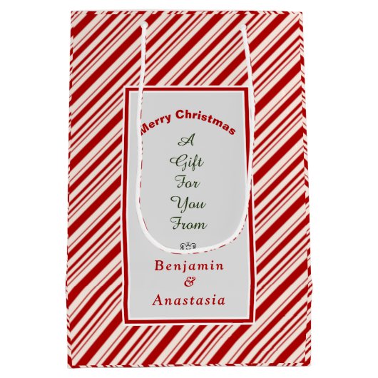 クリスマス赤い白いストライプクリスマスの休暇をパーソナライズ ミディアムペーパーバッグ (裏面)