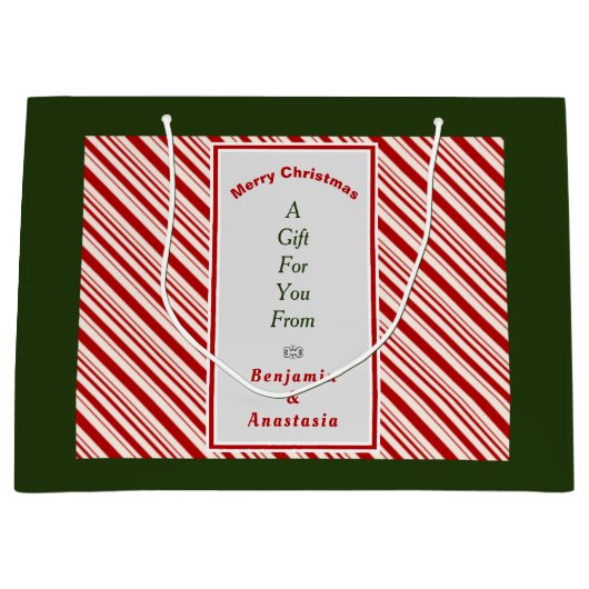 クリスマス赤い白いストライプクリスマスの休暇をパーソナライズ ラージペーパーバッグ (正面)
