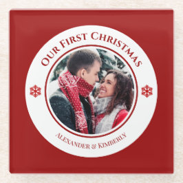 クリスマス赤い白い円(上の下の文字) ガラスコースター