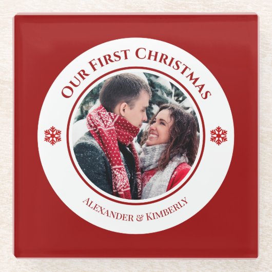 クリスマス赤い白い円(上の下の文字) ガラスコースター (正面)