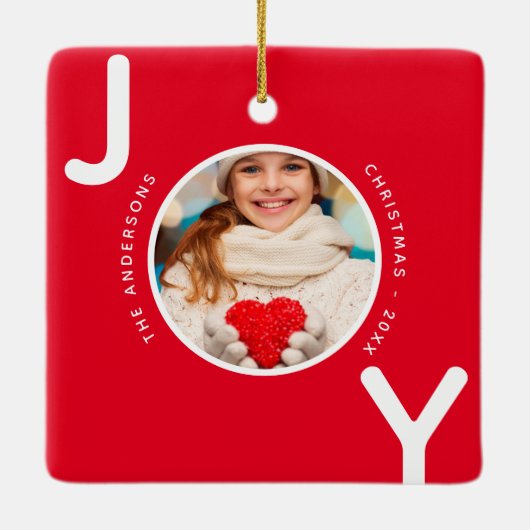 クリスマス赤い白い写真の喜びモダン セラミックオーナメント (裏面)