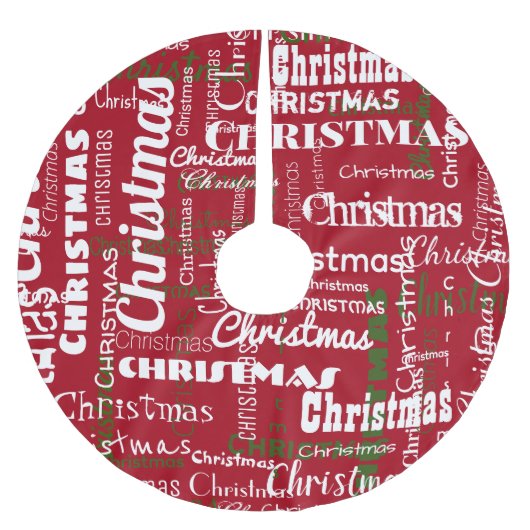 クリスマス赤い緑の白いクラシック単語パターン ブラッシュドポリエステルツリースカート (正面)