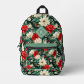 クリスマス赤と白の花のパターン プリントバックパック (正面)
